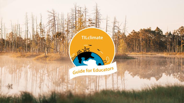 A wetland with a grey sky, with the TILclimate Guides for Educators logo in front