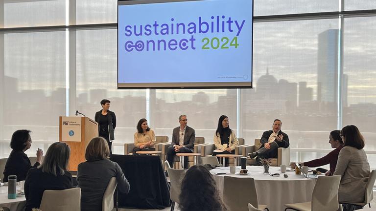Director of Sustainability Julie Newman, Senior Campus Planner Vasso Mathes, Vice President for Campus Services and Stewardship Joe Higgins, Senior Sustainability Project Manager Steve Lanou, and PhD student Chenhan Shao share the many ways MIT is working to decarbonize its campus.