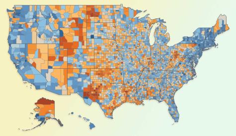 A new map shows which U.S. counties have the highest concentration of jobs that could be affected by the transition to renewable energy, based on new research by Christopher Knittel, the George P. Shultz Professor at the MIT Sloan School of Management, and Kailin Graham, of MIT’s Center for Energy and Environmental Policy Research. Counties in blue are less potentially affected by the energy transition, and counties in red are more potentially affected.