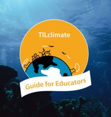 Underwater photo with dark coral in foreground. TILclimate Guides for Educators Logo. Photo by Jim Beaudoin on Unsplash