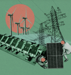 illustration of solar panels, wind turbines and transmission lines