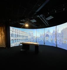 A new exhibit at the Museum of Science, Boston focuses on the effects of sea-level rise around the world. It benefits from the work of MIT Professor Emerita Paola Malanotte-Rizzoli, whose work on the Venetian Lagoon’s MOSE barrier project helped inform the exhibit. Seen here: aerial footage of St. Mark's Square, created through the use of 3D scans and images. 