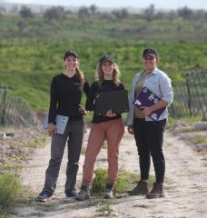 Global Engineering and Research (GEAR) Lab students (from left to right) Georgia Van de Zande, Carolyn Sheline, and Fiona Grant pilot a low-cost precision irrigation controller that optimizes system energy and water use at a full-scale test farm in the Jordan Valley.