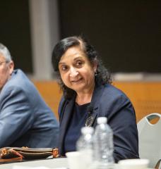 During the MIT Energy Initiative’s panel on energy innovation for a net-zero future, Senior Research Scientist Anuradha Annaswamy (center) and other speakers addressed areas where new or improved technologies or systems are needed to achieve global net-zero emissions goals.